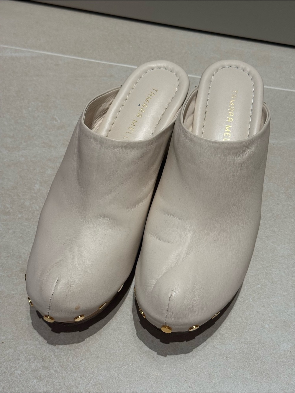 Tamara Mellon Ivory Leather Clog Mules with Gold Studs